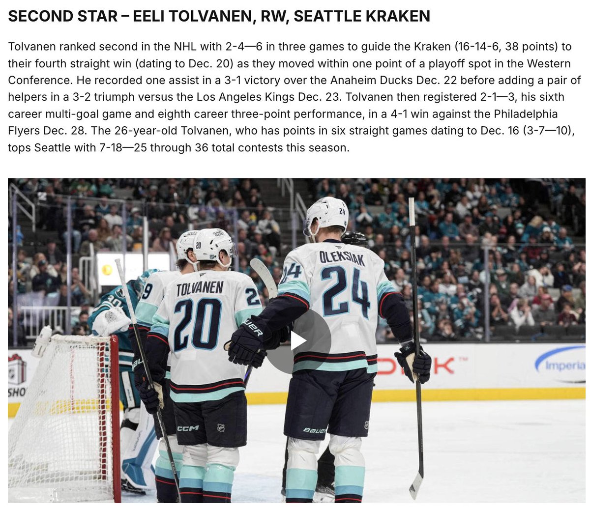 KrakenPod's tweet image. Goalvanen, the NHL's 2nd star of the week! 

#ContractYear