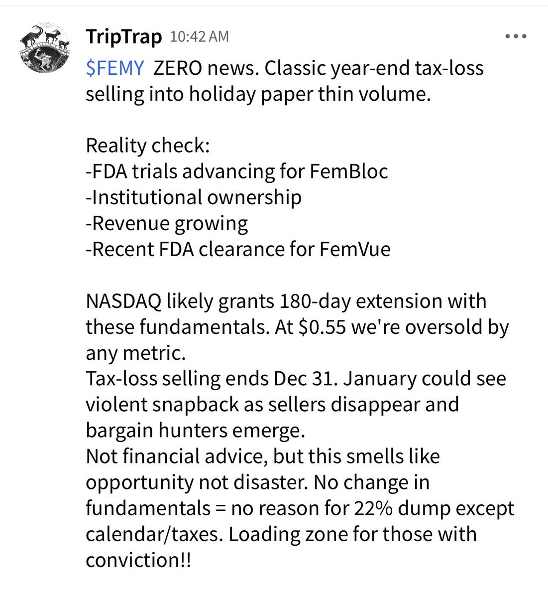 $FEMY  ZERO news today 12/29/25. Classic year-end tax-loss selling into holiday paper thin volume.