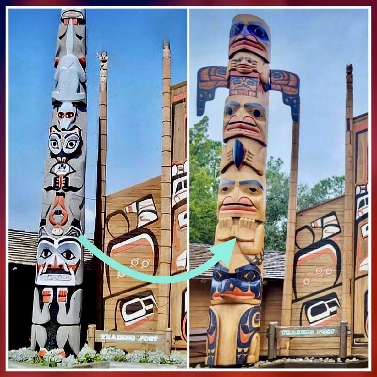 Parkeology's tweet photo. Sometimes Disney gets details flat wrong. The Canadian pavilion in EPCOT used to feature inauthentic, cartoonish, fiberglass totems. Did you notice when they changed them to hand-carved cedar versions? We applaud them for setting things right! https://t.co/mWqjHxHgGs