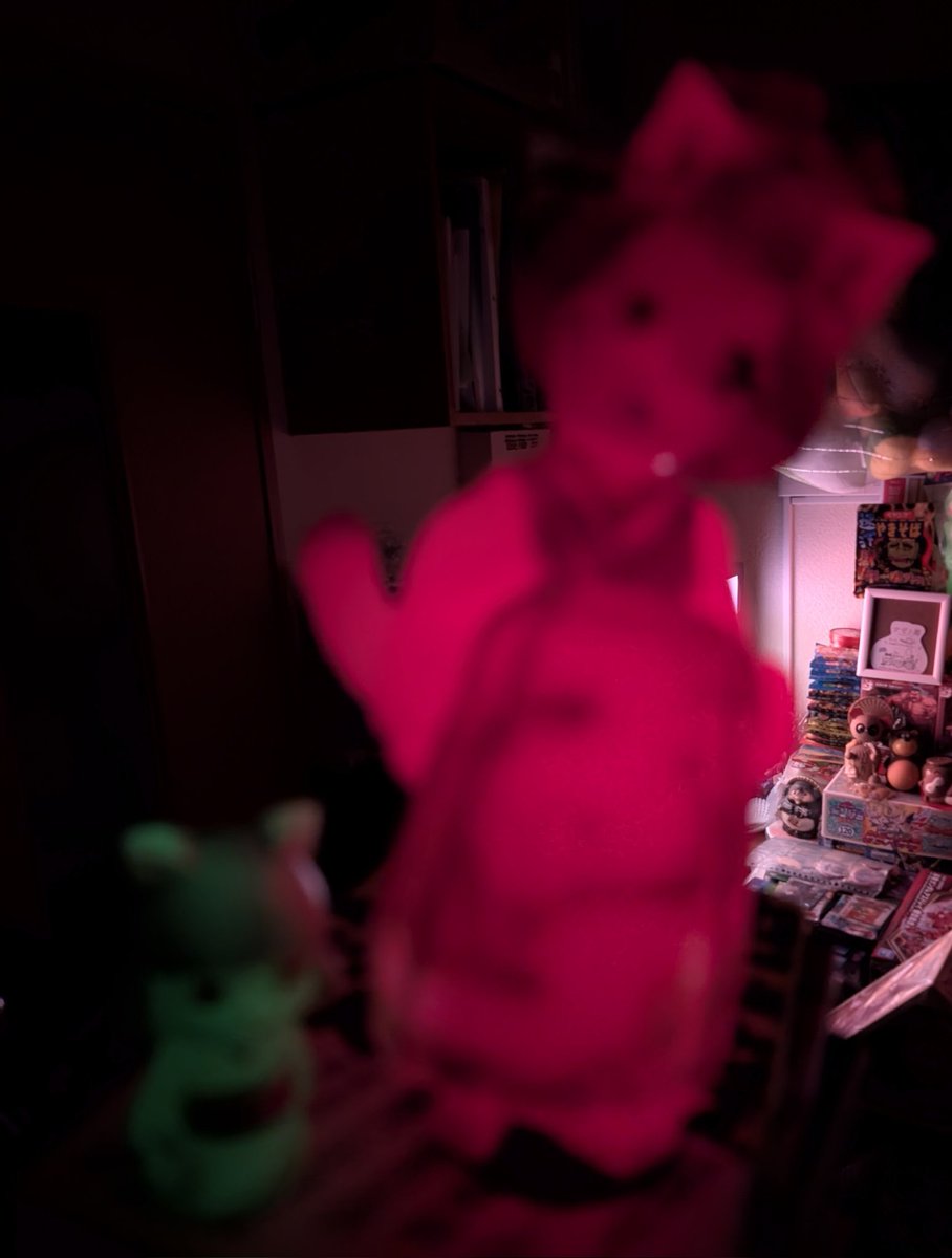 今年最後の玩具おさめ化け猫遊女赤蓄光が届いた🥰赤蓄光のソフビて暗闇