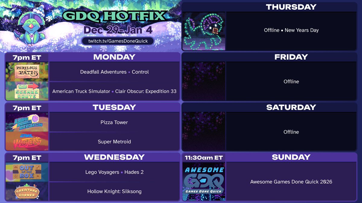 GamesDoneQuick's tweet image. #AGDQ2026 SOON

gamesdonequick.com/hotfix/schedule