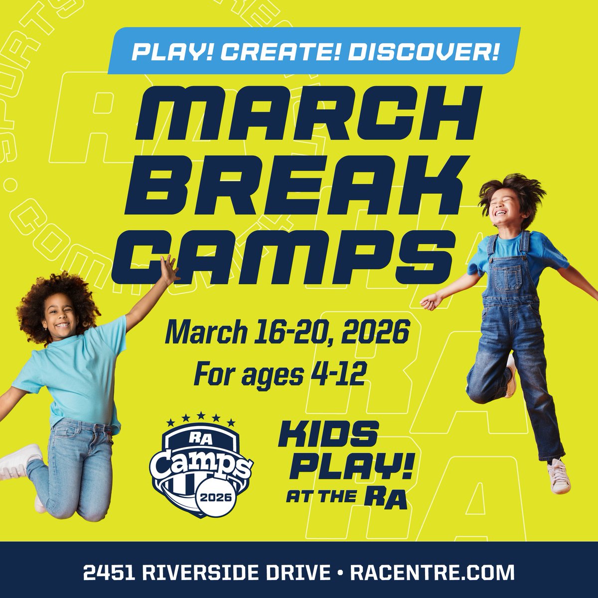 A whole WEEK of FUN at March Break Camps, from March 16-20! 🙌

👦 Junior Day Camps (Ages 4-5): Sports, crafts, and outdoor activities!

👧 Day Camps (Ages 6-8): Create and discover!

🧒 Multi-Sport Camps (Ages 9-12): Develop confidence and teamwork!

racentre.com/march-break