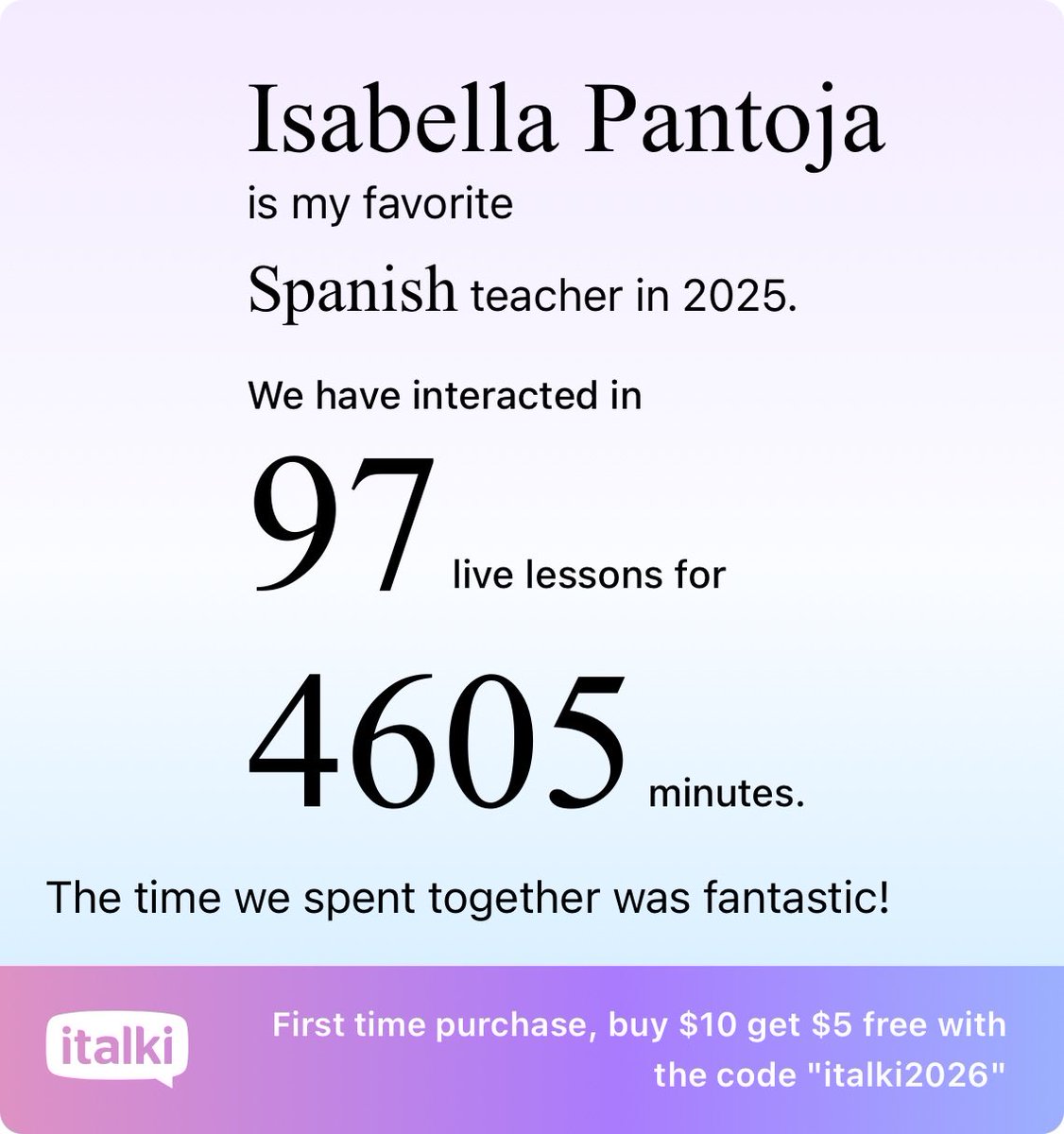 I got better at Spanish on italki in 2025.

Use code “italki2026” and receive a free $5 credit. Limited time only!
italki.com/campaign/italk…
<a href="/italki/">italki</a> #italkiRefresh