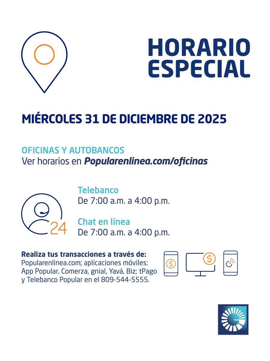 Popularenlinea's tweet photo. Horario especial | 31 de diciembre y 1 de enero🎄
Consulta los horarios de nuestras oficinas en: 💻 https://t.co/4K1FycffBb
Y para conocer los horarios de las transferencias interbancarias, desliza ➡️
Recuerda que puedes realizar tus transacciones a través de:
📱 #AppPopular
💻 https://t.co/4K1FycffBb
🏧 #CajerosAutomáticosPopular
🤝 @tpagord
📍 Red de #SubagentePopula
#TrazosCompartidos #BancoPopularDominicano
#HorariosEspecialesubagentepopular