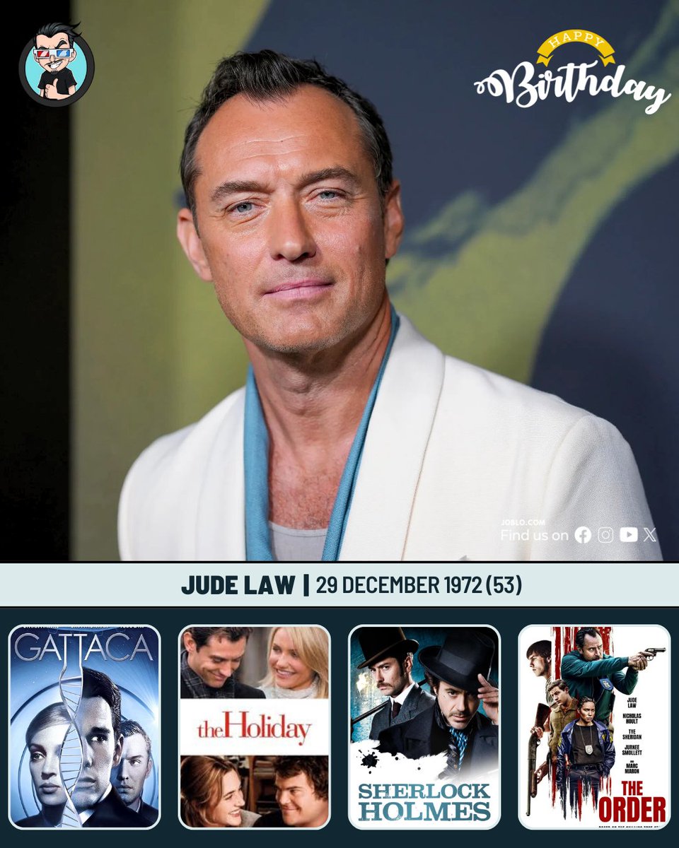 joblocom's tweet image. Jude Law turns 53 today! 🎂  
 #JudeLaw #SherlockHolmes #Gattaca #TheHoliday #TheOrder