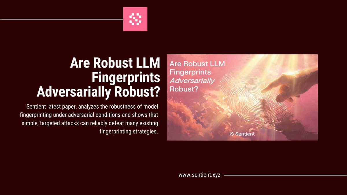 TehCluster's tweet photo. Are Robust LLM Fingerprints Adversarially Robust? 

Sentient latest paper, analyzes the robustness of model fingerprinting under adversarial conditions and shows that simple, targeted attacks can reliably defeat many existing fingerprinting strategies.
@SentientAGI 
🔢 https://t.co/Jjbes7KNMC