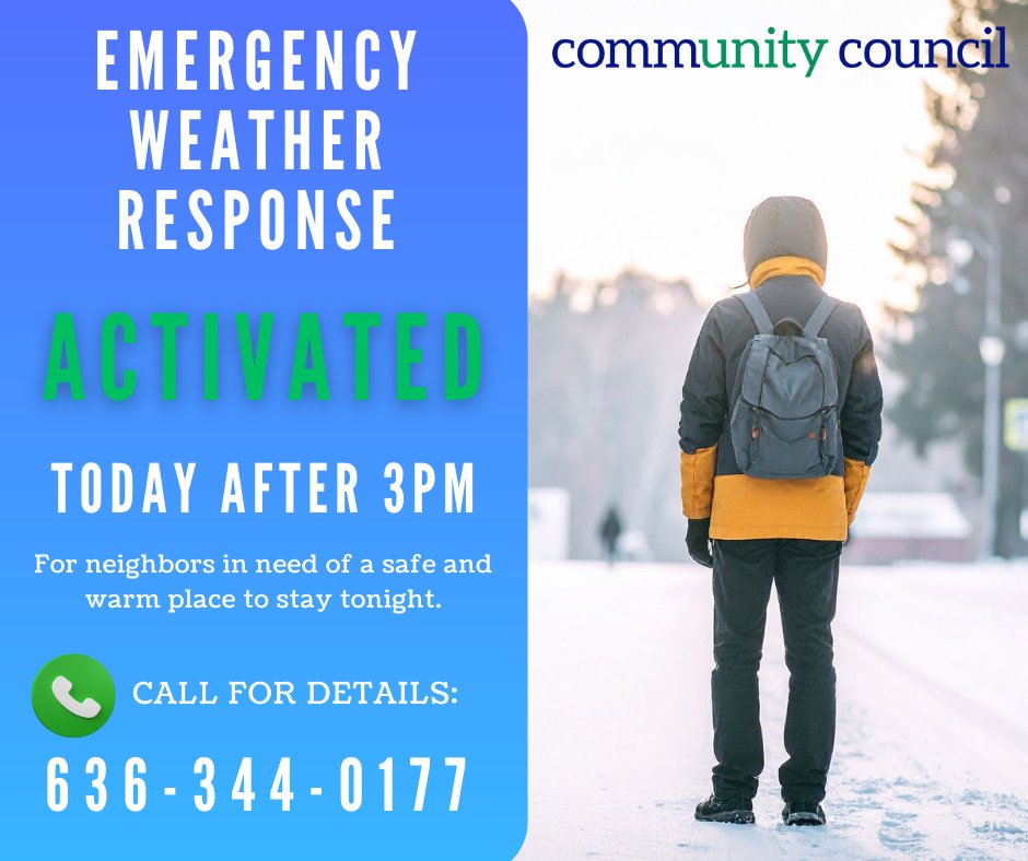 ❄️ The Emergency Weather Response Program activates at 3 PM. If you need a warm place tonight, call 636‑344‑0177. Please share! 💚