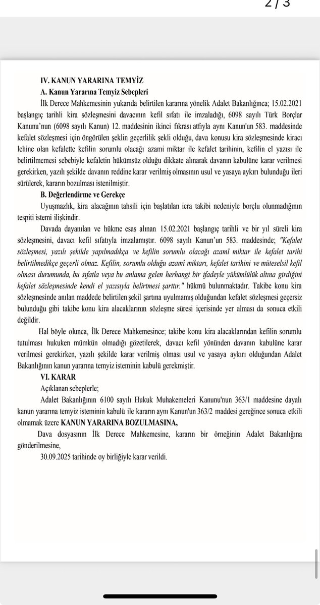 avukat_el_hp's tweet photo. Kanun yararına bozma kararı:

Kira sözleşmesinde kefaletin geçerli olabilmesi için, kefilin sorumlu olacağı azami miktar ile kefalet tarihinin, kefilin el yazısı ile belirtilmesi gerekir. 

Takibe konu kira alacaklarının sözleşme süresi içinde yer alması, sonuca etkili olmayıp şekil şartını taşımayan kefaleti geçerli hale getirmez.

Karar bugünkü Resmi Gazetede yayımlanmıştır.
