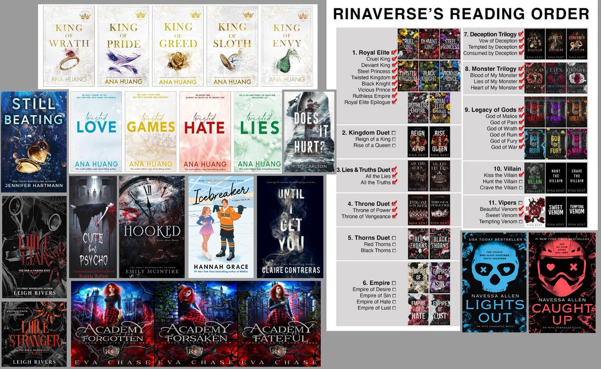 All the books I've read this year lol 50% done with Reign of a King from Rina Kent so it'll prob make the list before the new year 😋😂 if I'm on my reading game prob the duet but we'll see