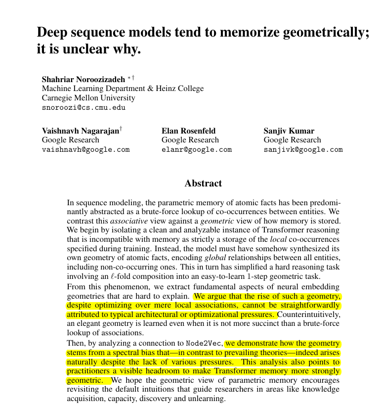 rohanpaul_ai's tweet photo. Google+ Carnegie Mellon paper shows neural networks based models store facts as geometry, not only as lookup tables.

Inside the model, facts get organized as relationships.

Transformers tend to drift toward this geometric kind of memory during training even though the training signal only shows local edges, and it is not obvious why that happens.

The big deal here is that geometric memory can make multi hop reasoning a 1 step check instead of many steps.

The key finding is that geometric and associative memories compete, and geometry often wins under gradient descent.

The authors train Transformers and Mamba to memorize 1 fixed graph and answer path queries in tests.

A path means a sequence of jumps from one node to another.

The models reach up to 100% on unseen paths in graphs with about 50K nodes at scale. 

If the model used a plain lookup, it would need many chained recalls to trace that path.

Instead the model builds a geometric space where each node is a point.

Points that are several hops apart in the graph end up close together in this space.

Then answering a path query is almost a single check of distance in that space.

This behavior shows up in Transformers and in Mamba.

It even appears when training only on edges, not on full paths.

A simple Node2Vec baseline learns an even cleaner version of the same geometry.

This matches a known spectral pattern tied to the graph’s Laplacian.

So the model prefers geometric memory over step by step lookup in these tasks.