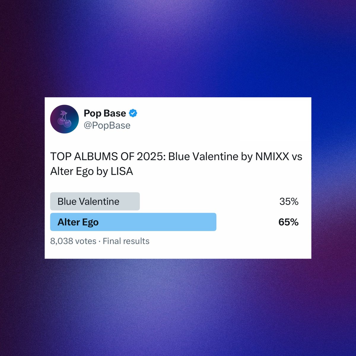 PopBase's tweet photo. ‘Alter Ego’ by LISA advances to the next round of Pop Base’s Top Albums of 2025. 

Eliminating ‘Blue Valentine’ by NMIXX. https://t.co/AXsvkFJZl8