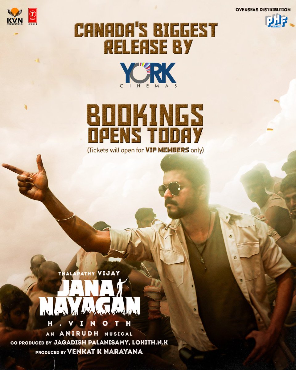 yorkcinemas's tweet photo. 🔥Jananayagan Bookings opens today (VIP Members only)🔥

Thalapathy Vijay arrives with unstoppable mass swag in #JanaNayagan 💥🎬

🎟️ Bookings will open for VIP Members only

Join from link below to become a VIP Member
https://t.co/l2qxFndEzT

🎬 Proudly releasing by York Cinemas https://t.co/NLz48EEsHl