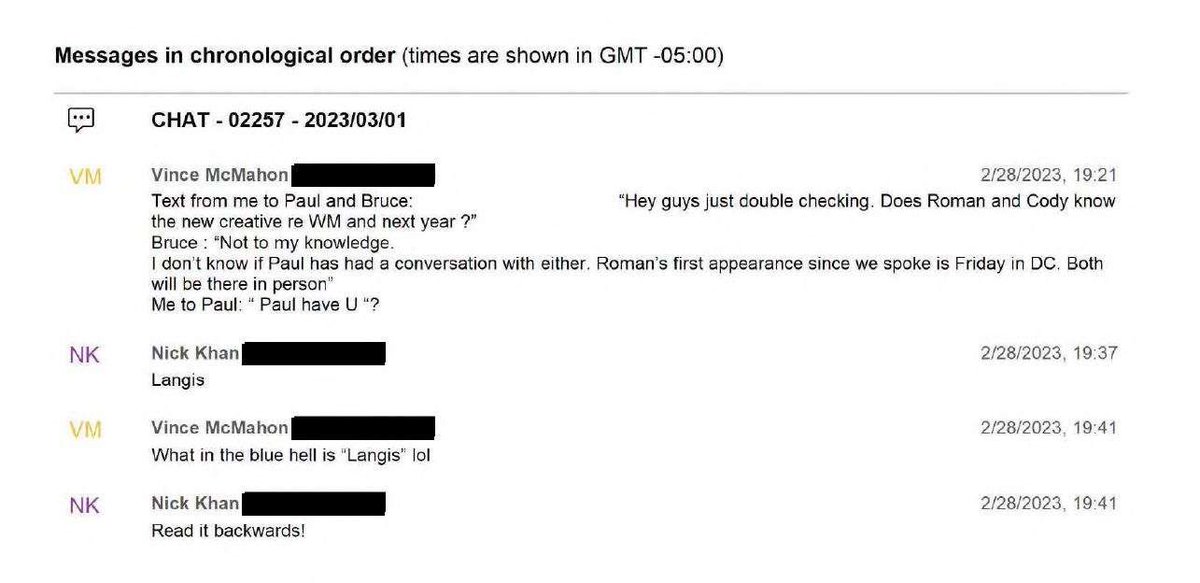 WrestlePurists's tweet image. New court filings show that Vince McMahon was involved in WWE’s creative process leading up to WrestleMania 39, which counters Nick Khan’s statement on CNBC that Vince had no involvement in creative.

Vince: “Hey guys just double checking. Does Roman and Cody know the new…