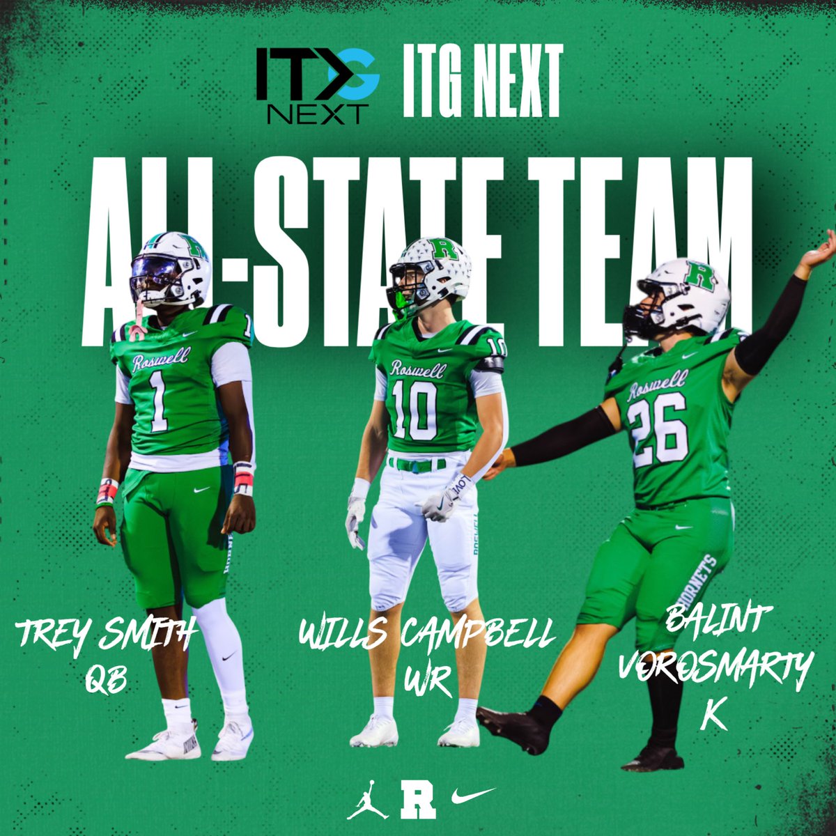 Roswell_FB's tweet image. #Team76 keeps stacking up the awards! Congrats to Trey Smith, Wills Campbell, and Balint Vorosmarty for being selected to ITG Next’s All State Team!

itgnext.com/itg-next-annou…