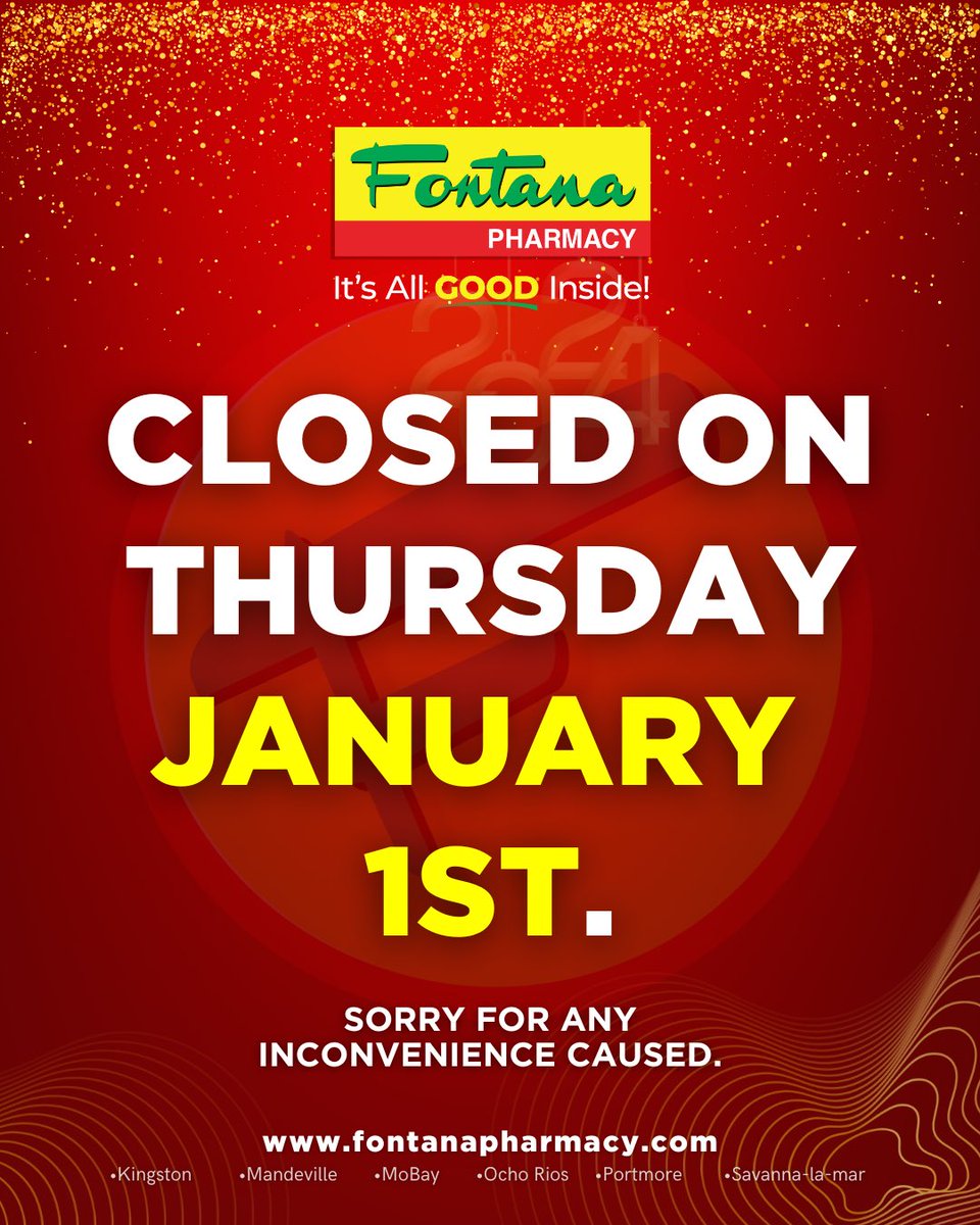 🎉✨ Please note: 

Fontana will be closed on New Year’s Day to give our team a well-deserved break as we welcome 2025!

We appreciate your understanding and look forward to serving you when we reopen. Wishing you a joyful and safe start to the New Year! 🎆🎊

#fontanapharmacy