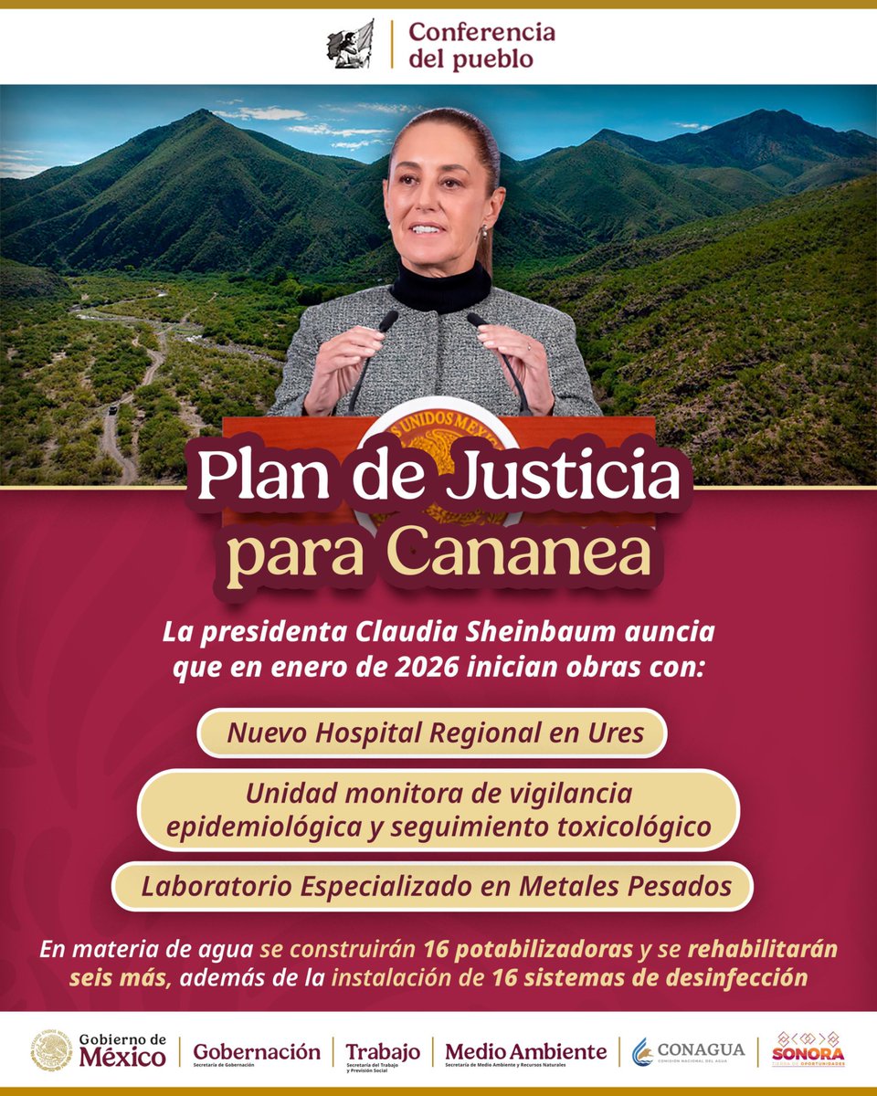 En enero de 2026 inician las obras del Plan de Justicia para Cananea, impulsado por la Presidenta <a href="/Claudiashein/">Claudia Sheinbaum Pardo</a>.

Tras 18 años de lucha minera, llega la reparación con más de  10 obras en materia de salud, agua limpia y restauración ambiental para Sonora.