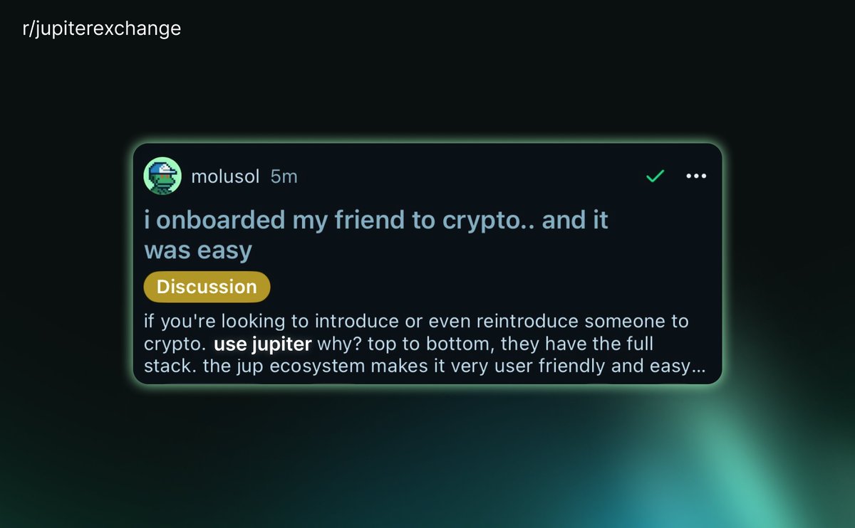 Jupiter is the easiest way to onboard your normie friends to onchain  finance u/molusol summed it up perfectly with a his experience on Reddit  Hop in and drop yours 👇