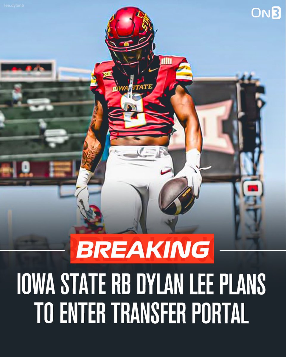 TransferPortal's tweet photo. NEW: Iowa State RB Dylan Lee plans to enter the NCAA transfer portal, @Hayesfawcett3 reports

He will have 3 years of eligibility remaining. 

https://t.co/kSYG7dZ8sR https://t.co/HV3HRAY9oW
