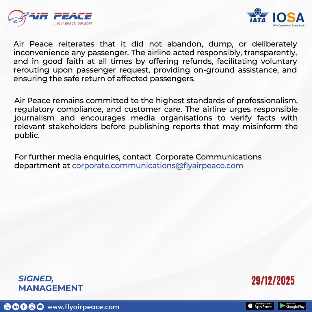 flyairpeace's tweet photo. PRESS STATEMENT: 29-12-2025

#BetterDealWithAirPeace https://t.co/yxW7slrJqB