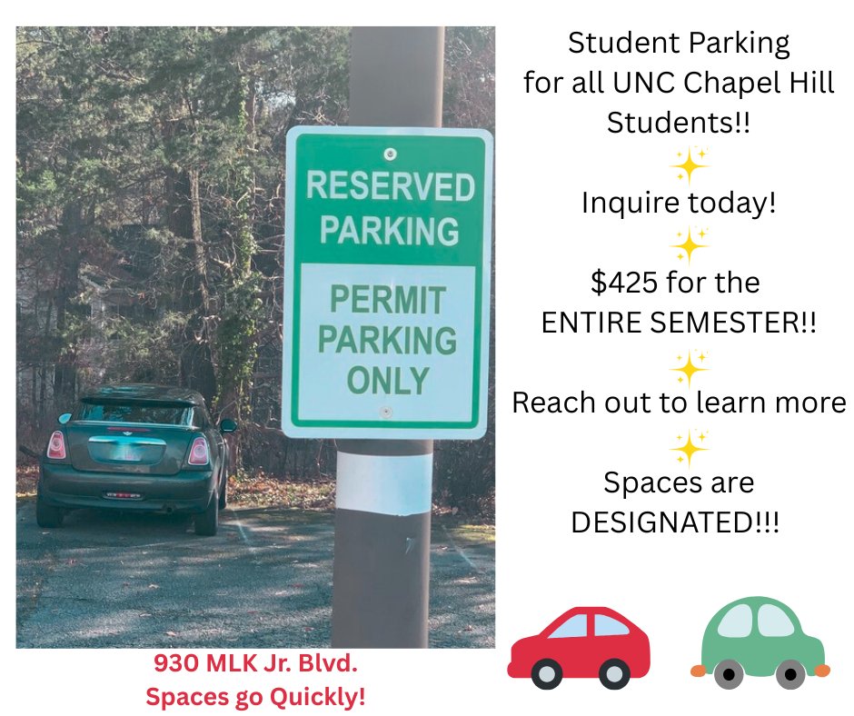 UNCParking's tweet photo. Calling all UNC students!

Designated spaces🚗 in a well lit lot, 1.8 miles from the main campus and on the bus line. 

Inquire fast, before parking spots sell out! 🅿️
 
davisgroupofch@gmail.com

#UNCStudents 
@GoHeels 
@UNCpublichealth https://t.co/YRJ8NOEaXX