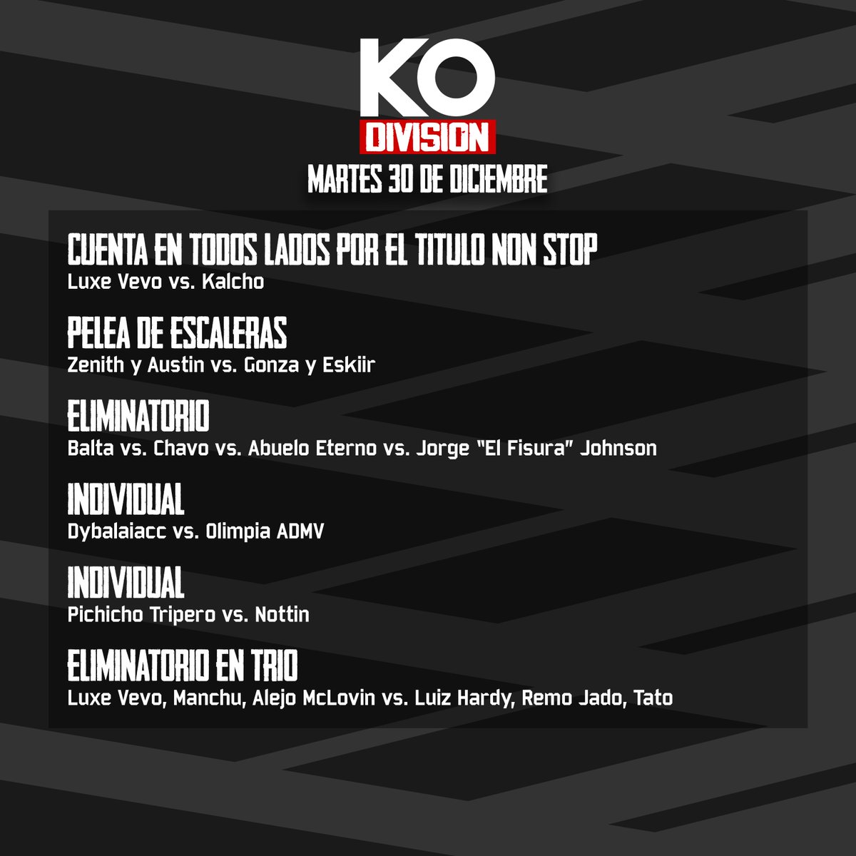 ¡MAÑANA HAY KO DIVISION!

La úllllltima del año, y seguro alguna despedida más...

El campeón del #TituloKOD, <a href="/Vizcacha_pincha/">La Vizcacha Pincharrata</a>, decidió no darle la revancha a <a href="/PichichoTripero/">Pichicho Tripero⭐⭐⭐</a> este martes.

Aguardamos palabras oficiales tanto del actual como del #ExCampeon sobre los hechos.
