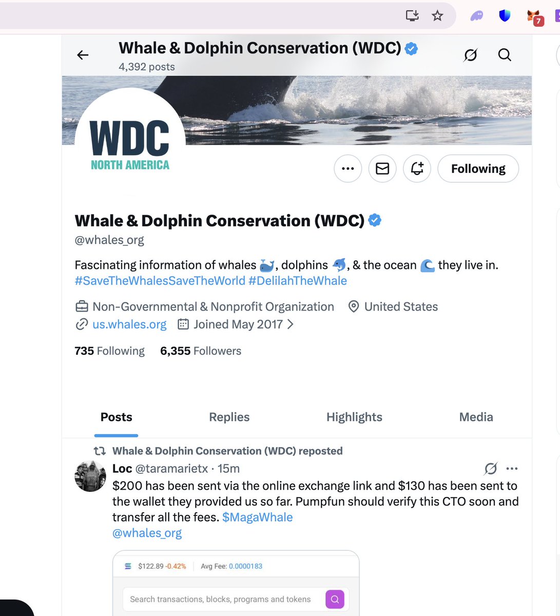 Thanks <a href="/whales_org/">Whale & Dolphin Conservation (WDC)</a> for recognizing us! $MagaWhale 

All fees are going to the address they have provided and pumpfun should verify the CTO soon.

GuLHDehDBf9rAsiXuRP2Px4UZK14iyt5uzXSMoNspump

us.whales.org