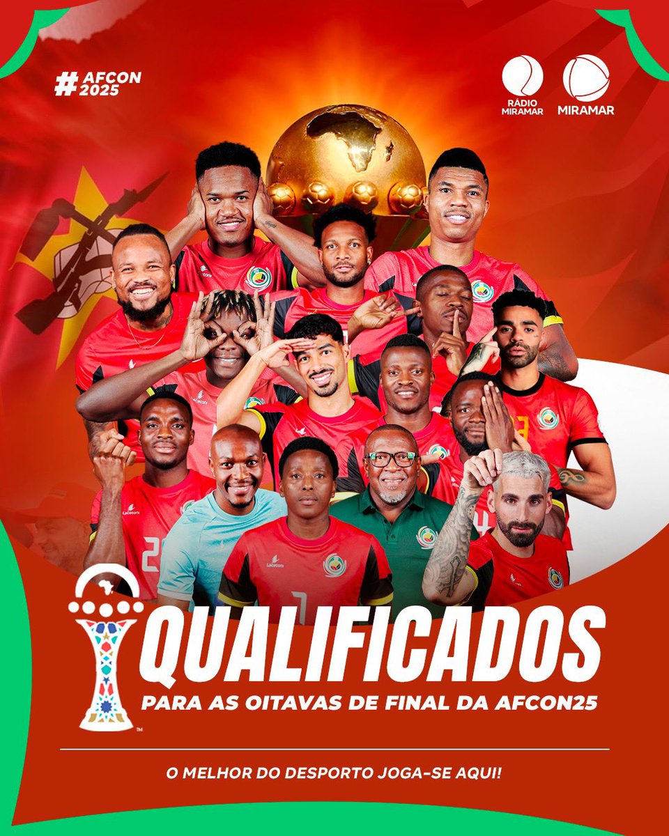 🎉🇲🇿 HISTÓRICO!! Moçambique está nas oitavas de final da CAN 2025 🇲🇿🎉

A história continua a ser escrita! O inédito aconteceu: pela primeira vez, Moçambique apura-se para a fase seguinte do Campeonato Africano das Nações.

Depois da primeira vitória histórica dos Mambas, os