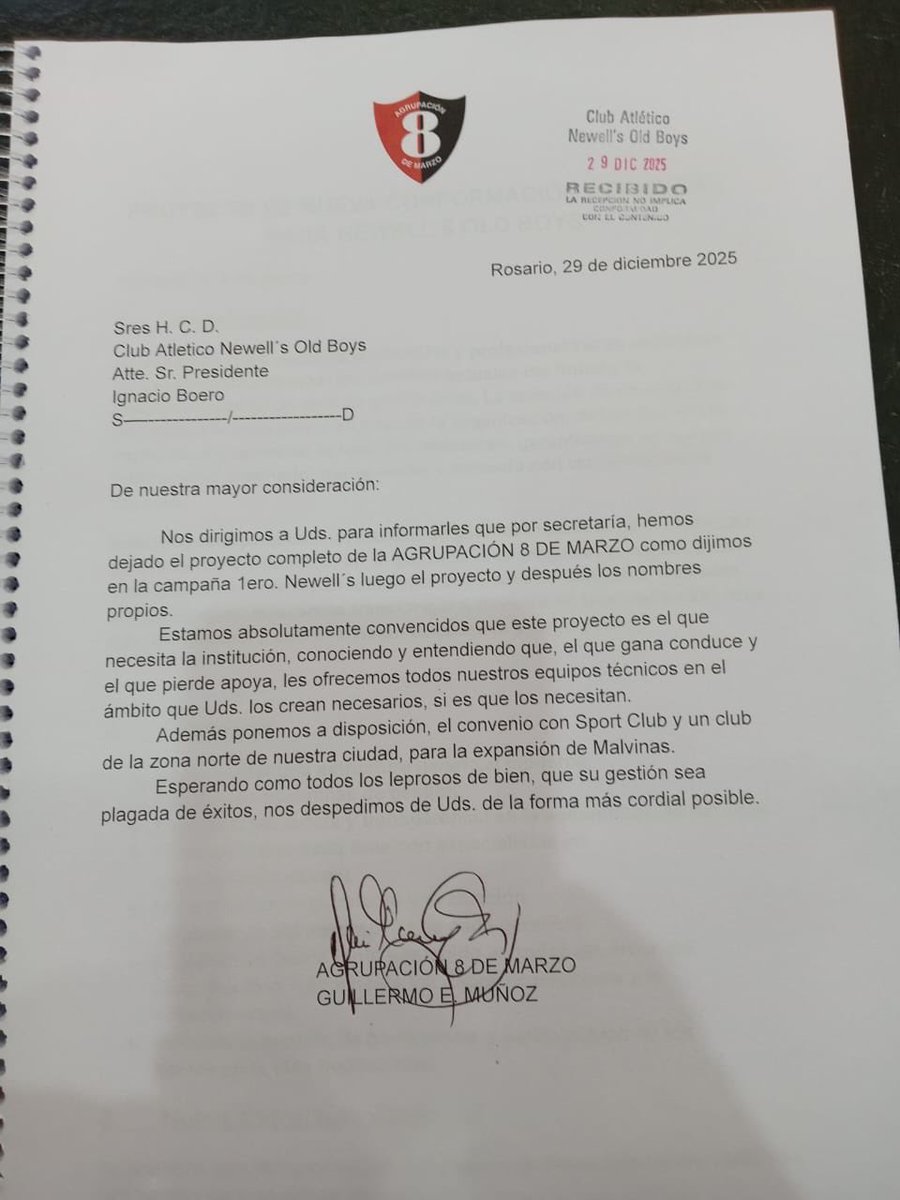 Hoy dejamos formalmente presentado ante la nueva Comisión Directiva el proyecto completo de la Agrupación 8 de Marzo, tal como lo dijimos durante toda la campaña: primero Newell’s, después los proyectos, y recién al final los nombres propios.

Estamos convencidos de que este