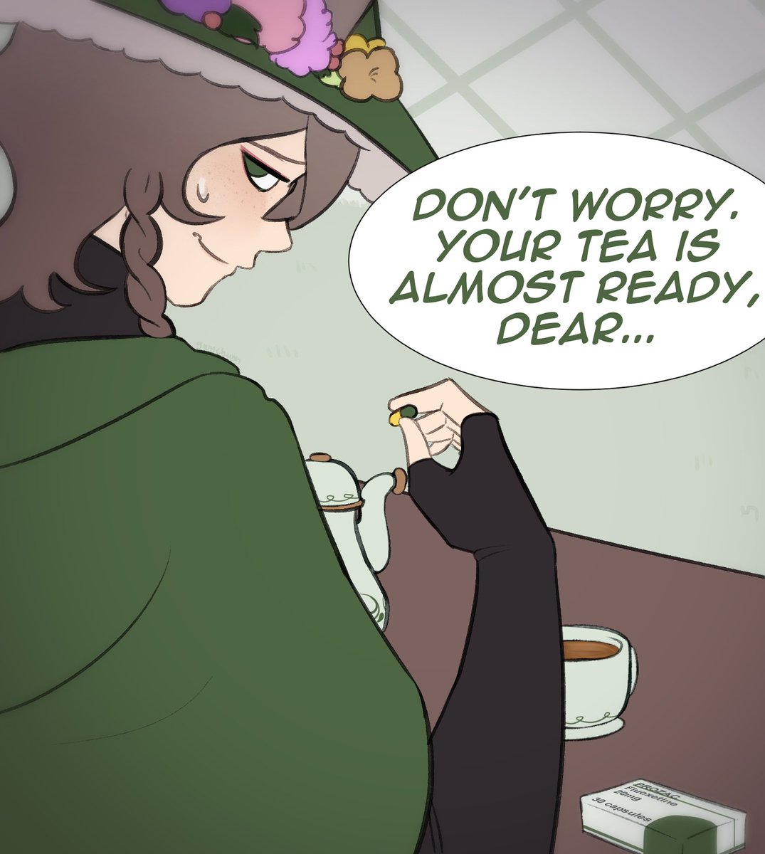 Vent art feels cringe so instead I drew Gwylan sneaking Prozac into my tea to feel better