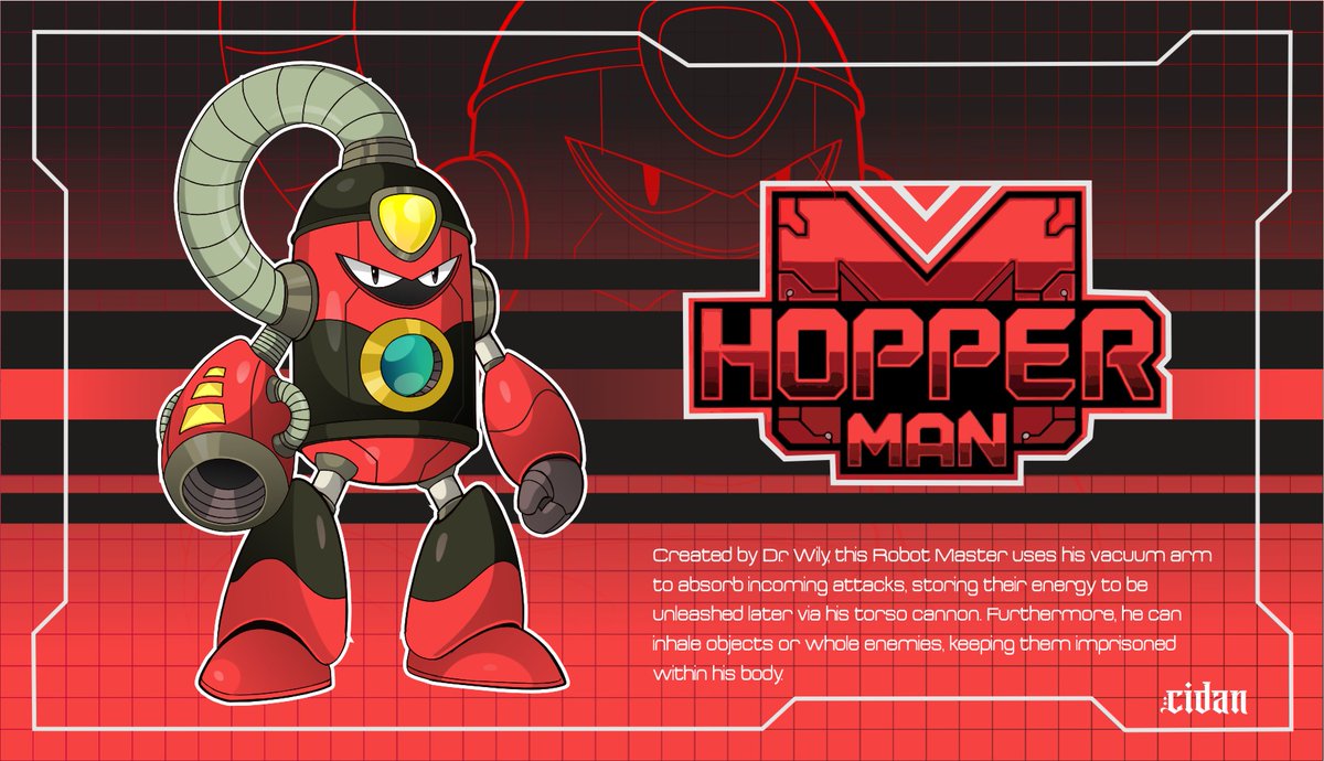Cidan_cp's tweet photo. Robot Master Design: Hopper Man
"Created by Dr. Wily, this Robot Master uses his vacuum arm to absorb incoming attacks, storing their energy to be unleashed later via his torso cannon. 

Pen Name: Cidan

@MegaMan 
#MegaManDO 
#DesignARobotMaster https://t.co/FnvLvQ3NQB