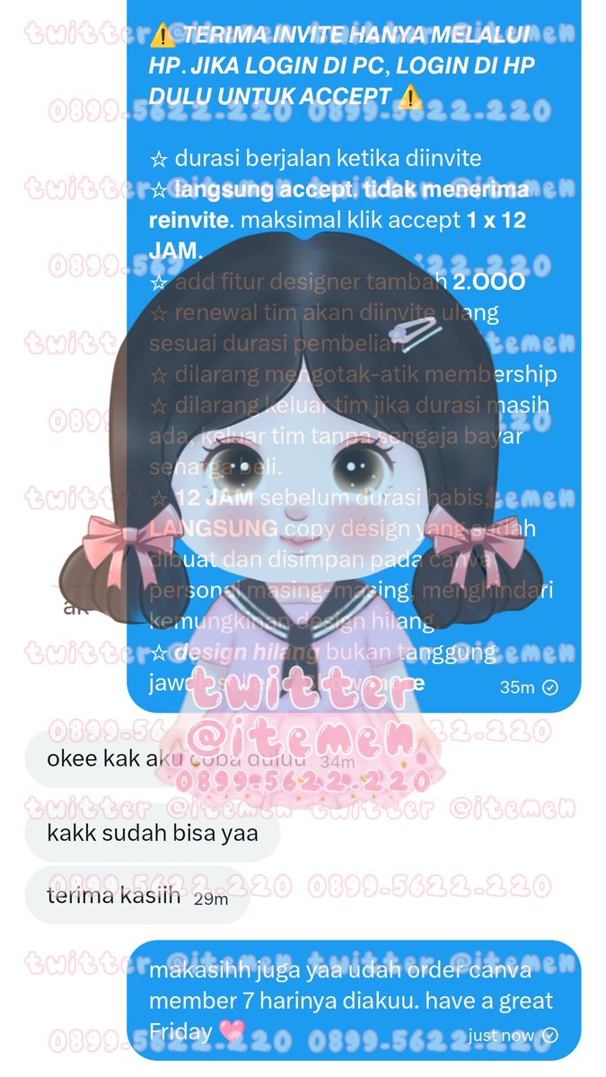 itemen's tweet image. 10.249 v i u private anlim 1 bulan
10.250 cap-cut private 7 hari
10.251 can-va member 7 hari
10.252 v i u private anlim 1 bulan