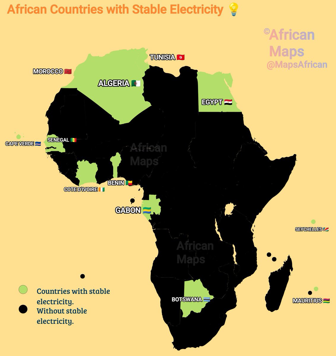 MapsAfrican's tweet image. African Countries with Stable Electricity Through the National Grid.