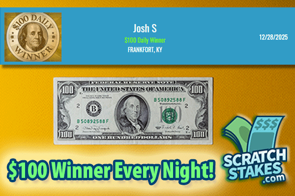 scratchstakes's tweet image. 🥳Congrats, $100 Daily Cash #Winner, Josh S. of Frankfort, Kentucky, 12-28-25!

🤑Play 80 FREE #scratchoff #games, #win FREE Instant Cash up to $25,000!
💸$100 Daily Cash #Winner Guaranteed!

🤔Have you scratched today?
👉 ow.ly/3XAy50XQ0z2