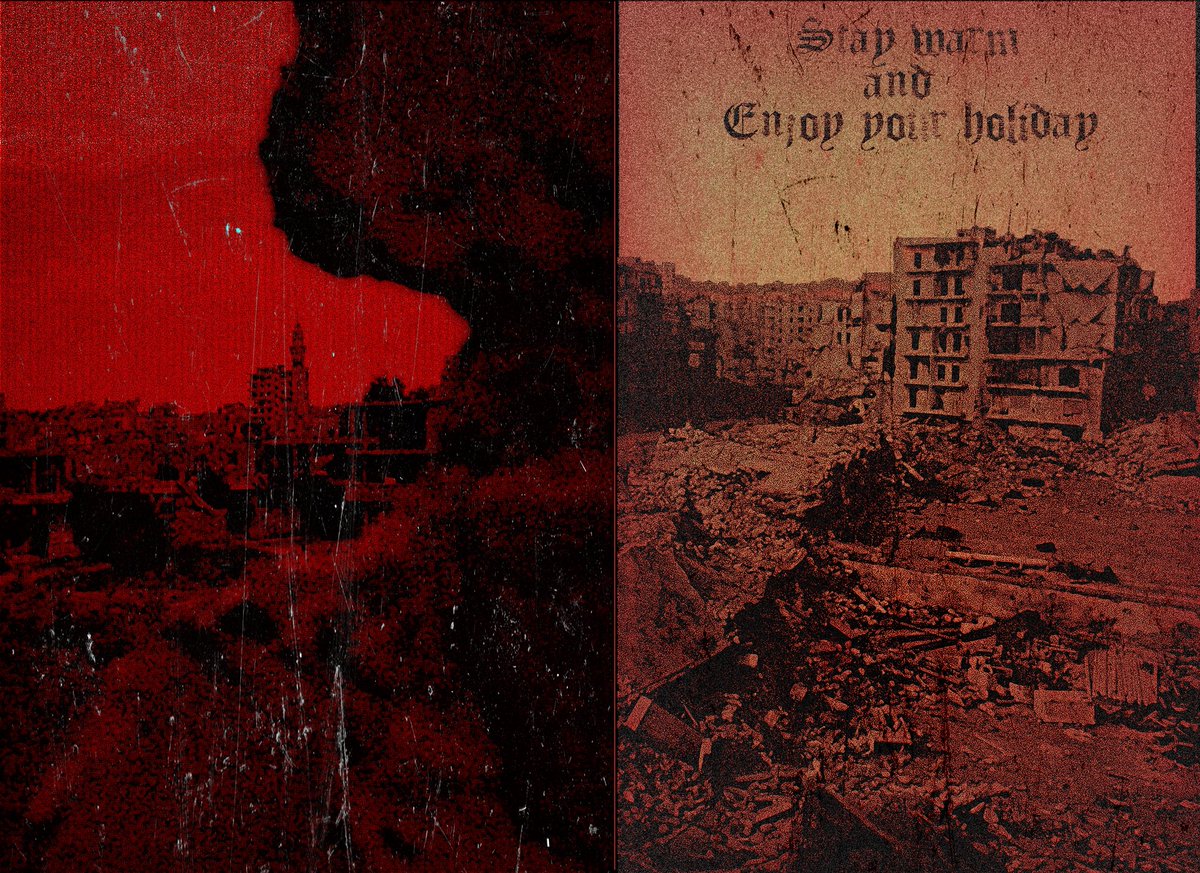 EwigerDunkel's tweet photo. This was my second attempt at war-torn imagery but instead of a short album it’s a Christmas card. I didn’t have enough time to get all them printed and do the fixes to the card b4 Christmas like cranking down the red on the backside but it was fine https://t.co/xWXgRAjBbC