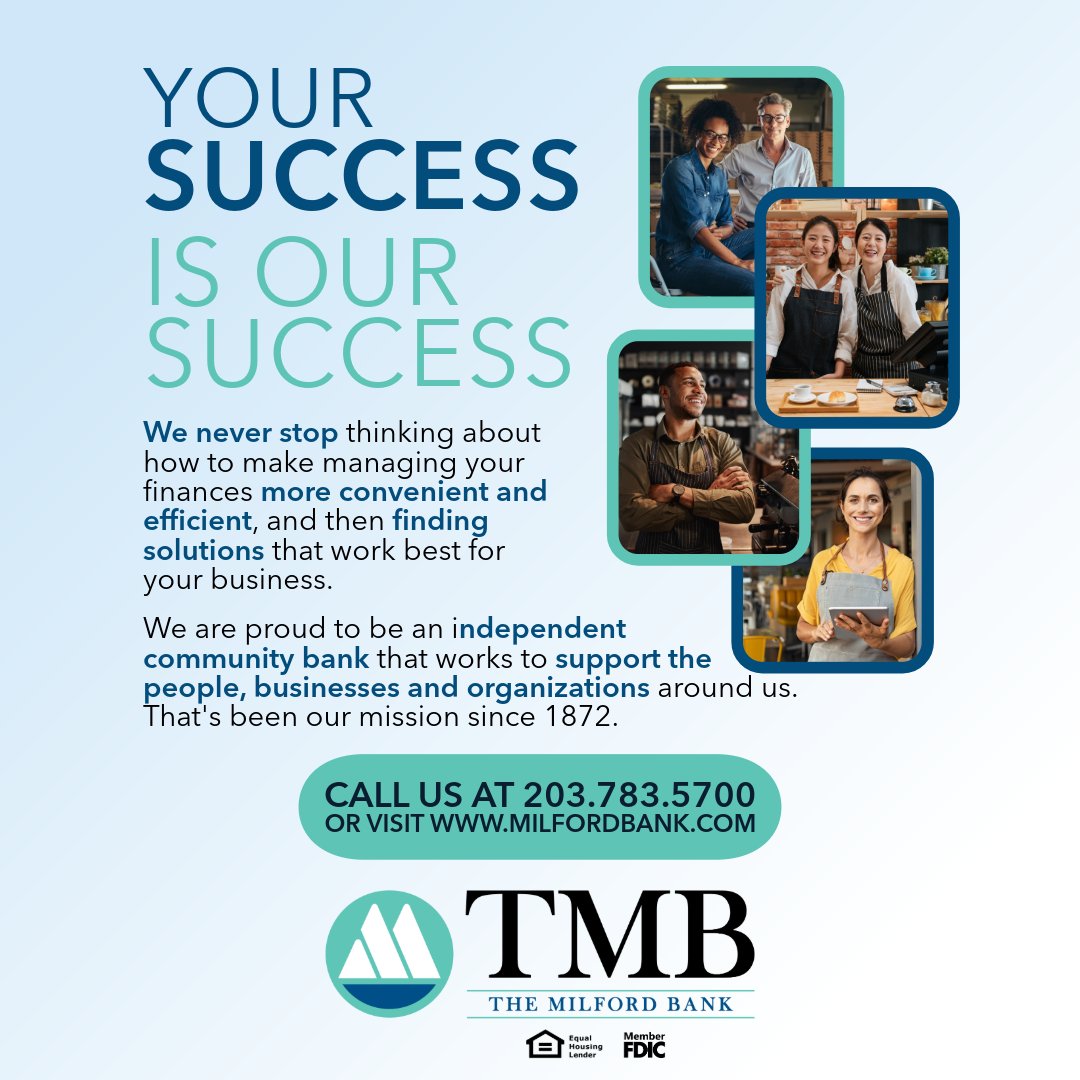 Supporting local businesses has been our mission since 1872. We’re always finding better ways to make managing your finances easier and more efficient. 

Call 203.783.5700 or visit milfordbank.com