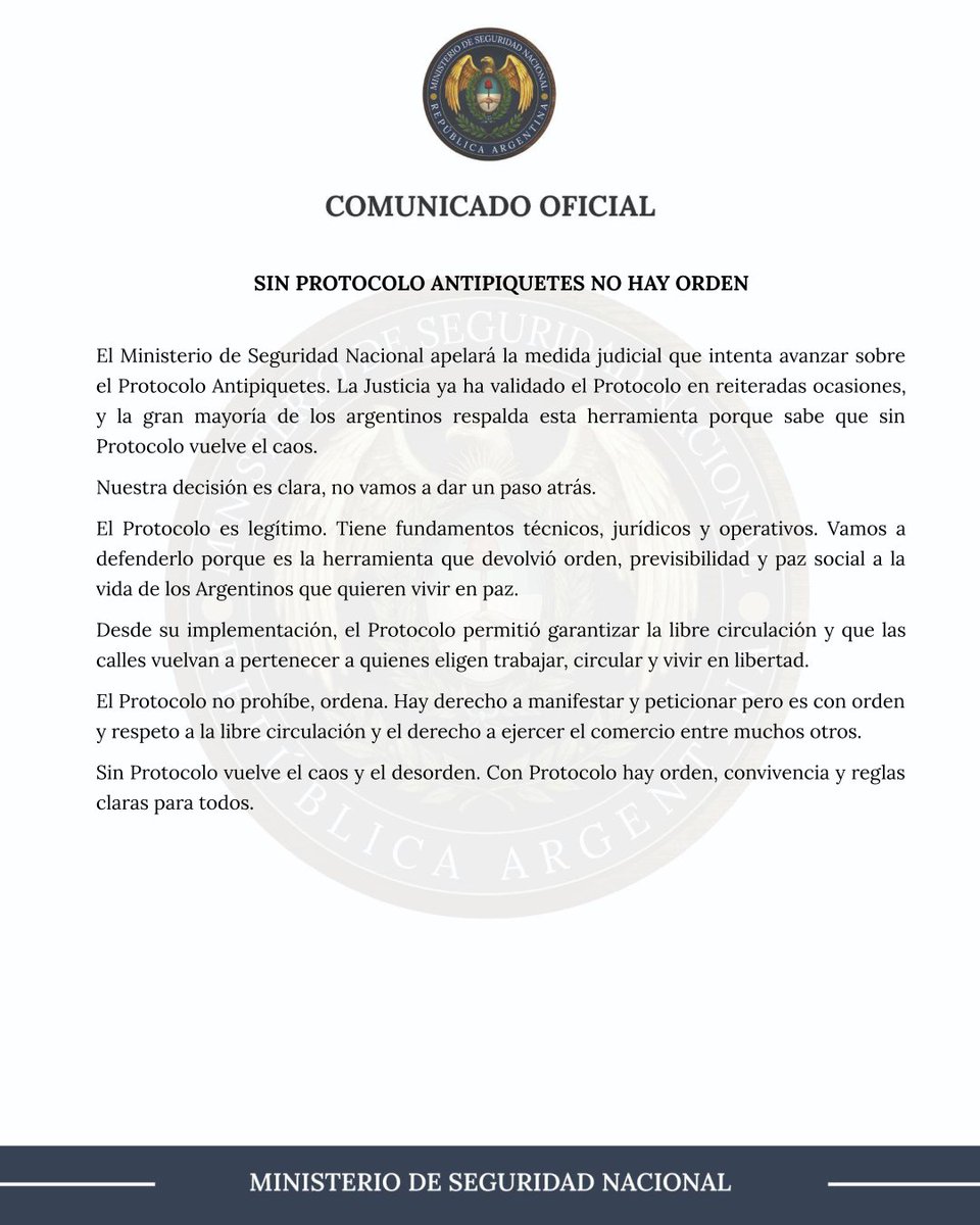Se apelará esta decisión de la Justicia. Ni un paso atrás contra los que quieren que regrese el caos y el desorden.

El Protocolo es legítimo y se cumple. En esta Argentina, ley y orden.
