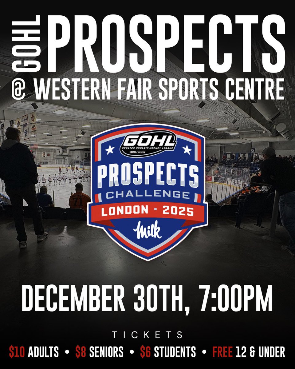 🚨TOMORROW🚨

Tomorrow is the big day as we are hosting the 2025 Prospects Challenge!! 🔥

You won’t want to miss seeing these future stars ⭐️ 

📍 Western Fair Sports Centre
⏰ 7:00pm

Buy tickets inside the arena when entering 🎟️

#prospectschallenge #GOHL #londonnationals