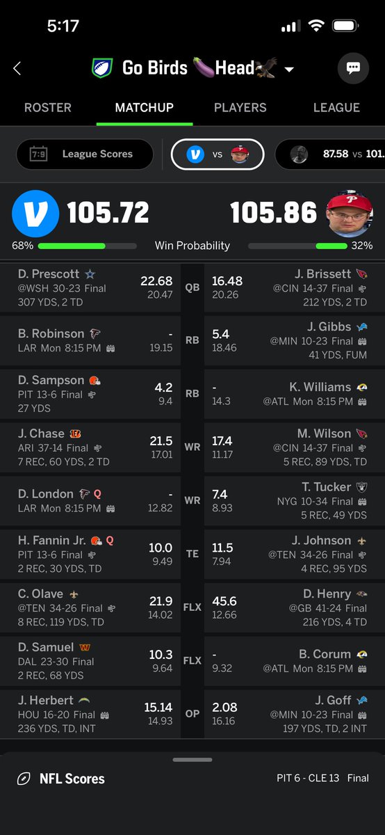 NoMods86's tweet photo. @NFLFantasy Was advised to start Goff over Dart , now I need this miracle to win . I’m Go birds dickhead. https://t.co/We76EkEMYF