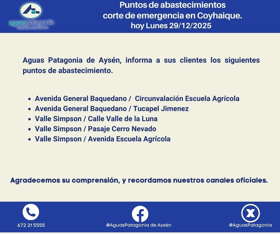 Aguas Patagonia de Aysén, informa a sus clientes de Coyhaique, puntos de abastecimiento de agua potable por corte de emergencia producto de ROTURA DE MATRIZ, hoy lunes 29/12/2025 hasta las 20:45 horas.
