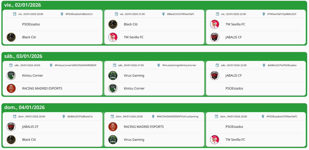 📅 Aquí tenéis todos los partidos de esta 1ª edición ⚽

Ya está disponible el calendario completo 🏆

Prepárate para vivir cada enfrentamiento y no perderte ninguno 🔥🎮
