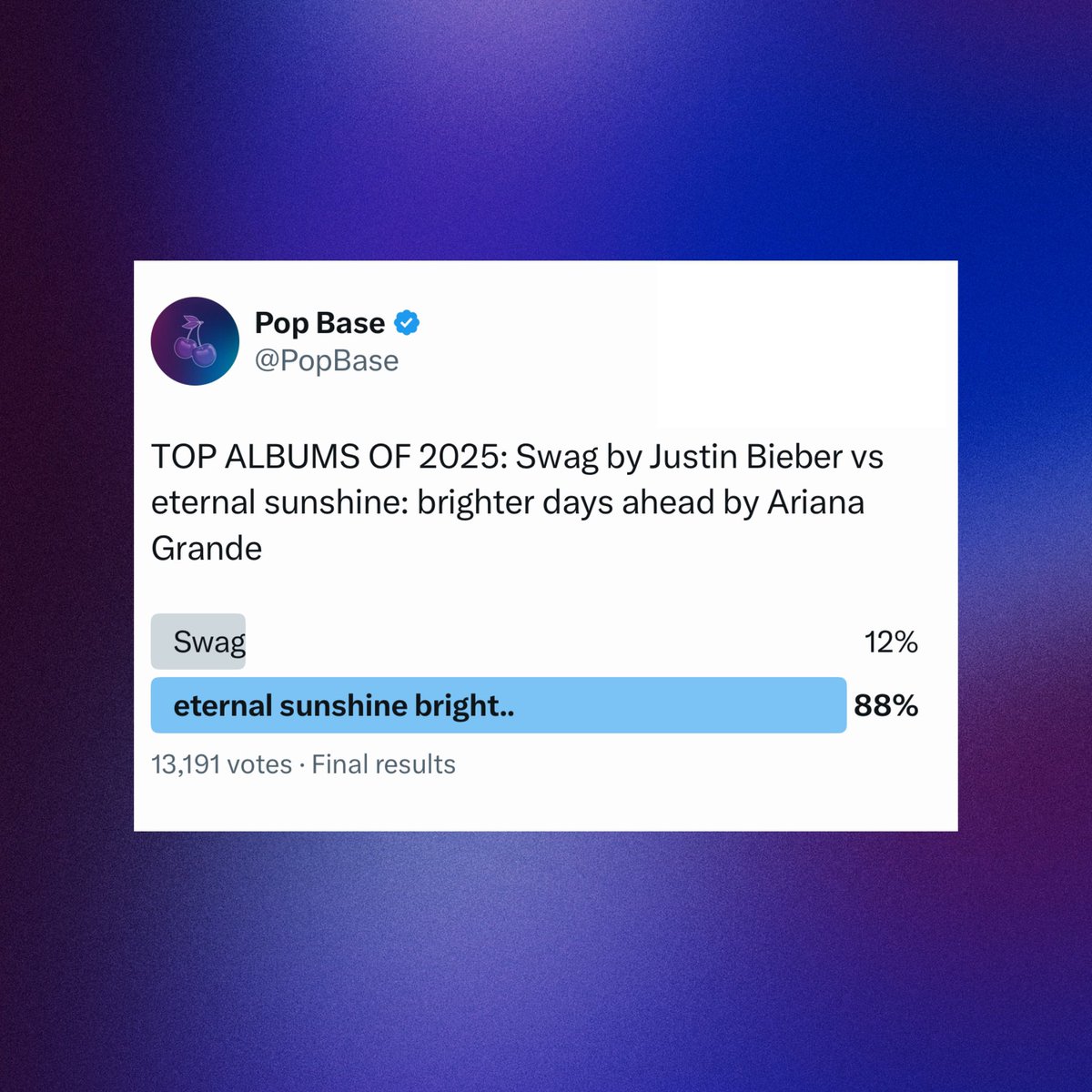 PopBase's tweet image. ‘eternal sunshine: brighter days ahead’ by Ariana Grande advances to the Quarter-Finals of Pop Base’s Top Albums of 2025. 

Eliminating ‘Swag’ by Justin Bieber.
