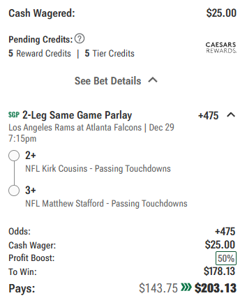 MNF, I just couldn't come up with a TD parlay that won't get vultured all by Bijan and Puka, so I just figured that both QBs probably ball out. Best of luck.