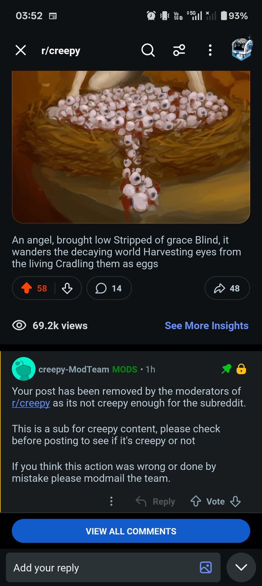 0x5caed's tweet photo. Reddit is a tough crowd. Got my art removed from r/creepy by moderators for not being creepy enough for the subreddit. Idk.. I thought I nailed it this time. Mods haven't replied yet to my query, don't know if they even will. https://t.co/eZmy95EDYw