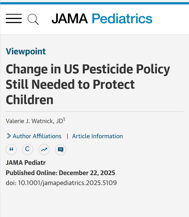 JAMAPediatrics's tweet image. 💬 Viewpoint by Valerie Watnick, JD: The #MAHA report raises concerns about rising #pediatric disease rates and exposures to #pesticides but offers no direction to strengthen EPA protections for children.

@BaruchCollege @Baruch_Zicklin 

ja.ma/4jlExyQ
