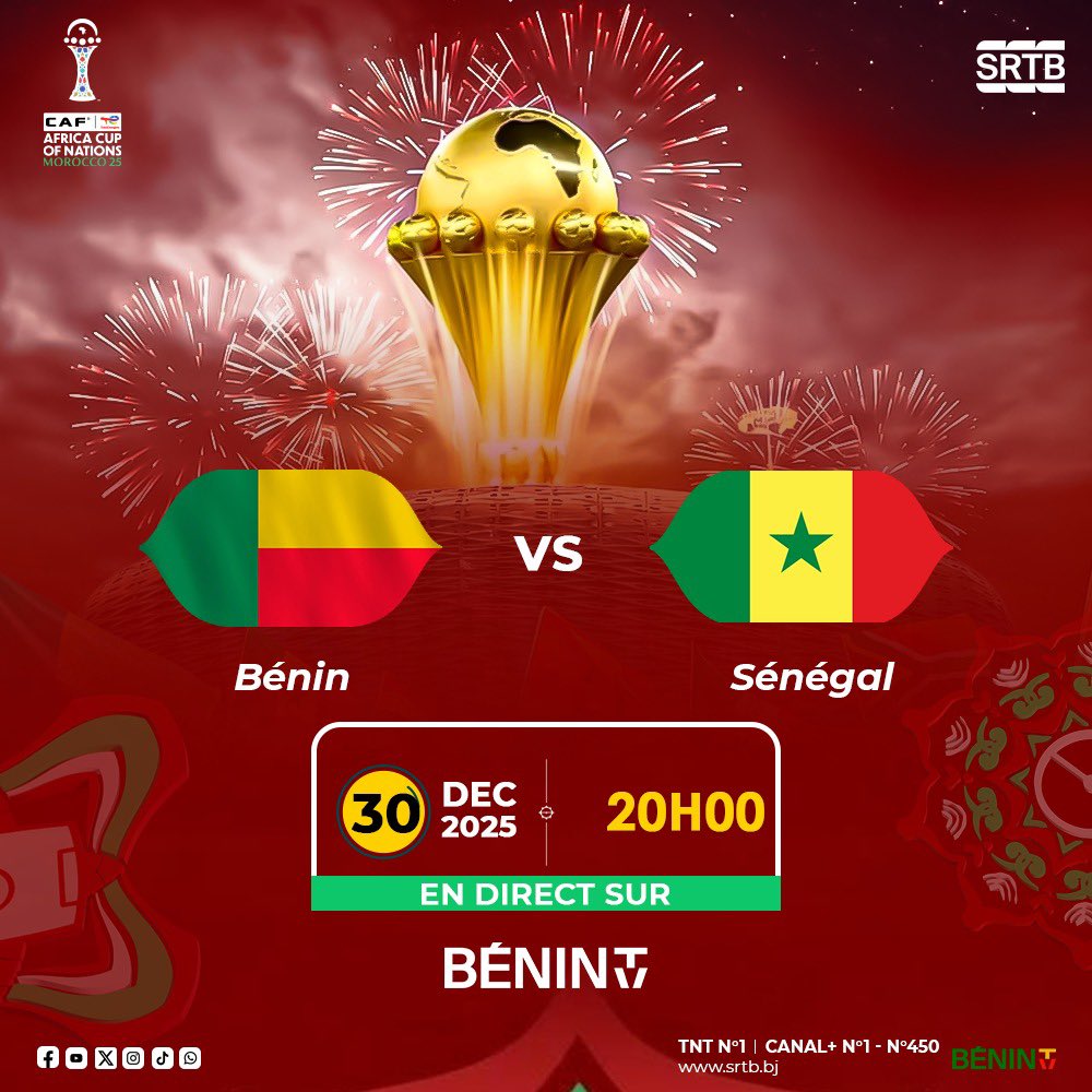 *#CANMaroc2025* 
C’est demain, le match tant attendu du Bénin face au #Sénégal, pour une place en 1/8e de finale.

*⏰ En #direct à 20h sur Bénin TV* 

Allez les Guépards ! 🇧🇯🔥

#CAN2025 #SRTBinfo #Guepards #Football #QuiNousPeut