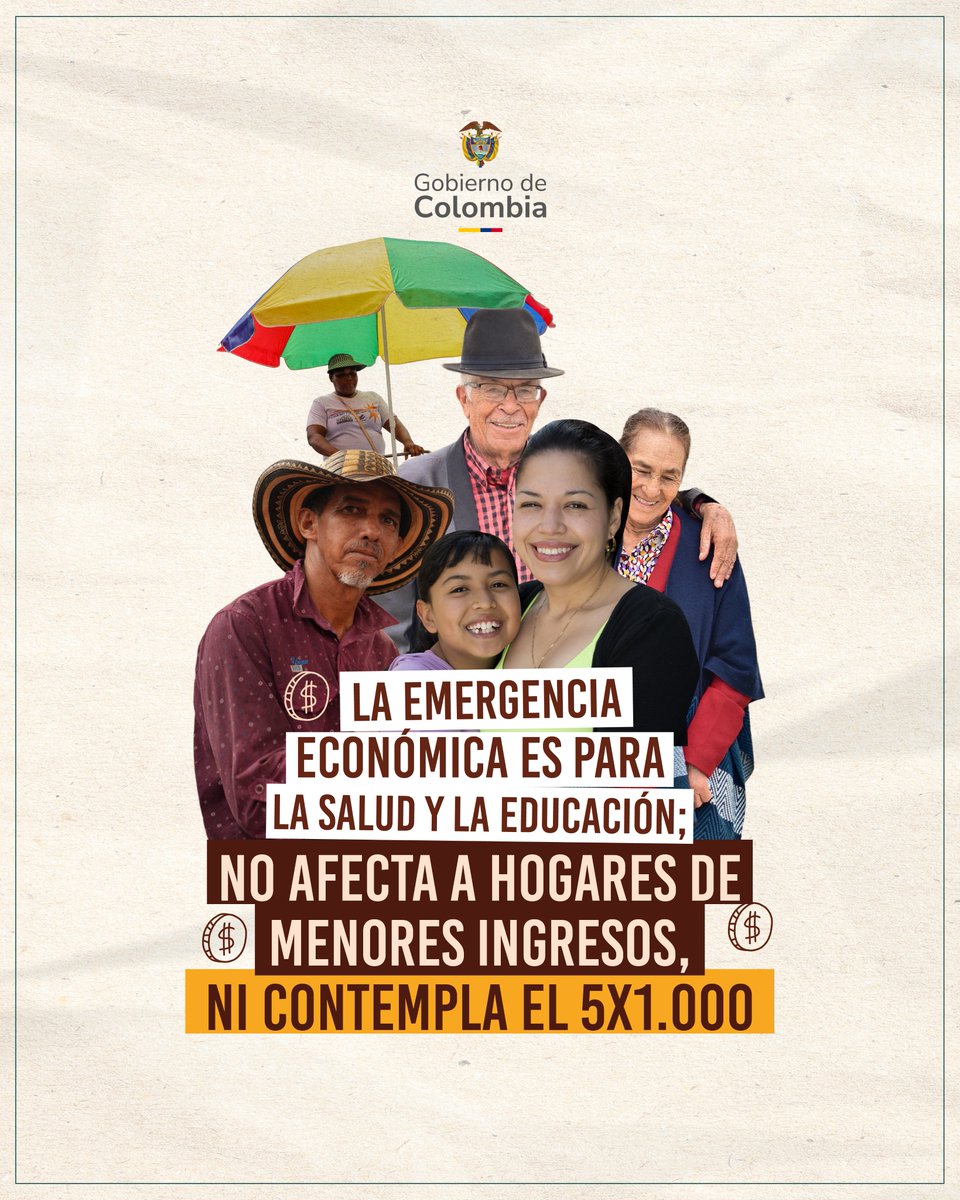 infopresidencia's tweet image. Ni 5×1.000 ni nuevos impuestos para toda la población.

La #EmergenciaPorLaEstabilidad económica es una medida responsable con la que el Gobierno del Presidente @PetroGustavo garantiza la salud y la educación, protege las finanzas públicas y asegura que solo quienes tienen…