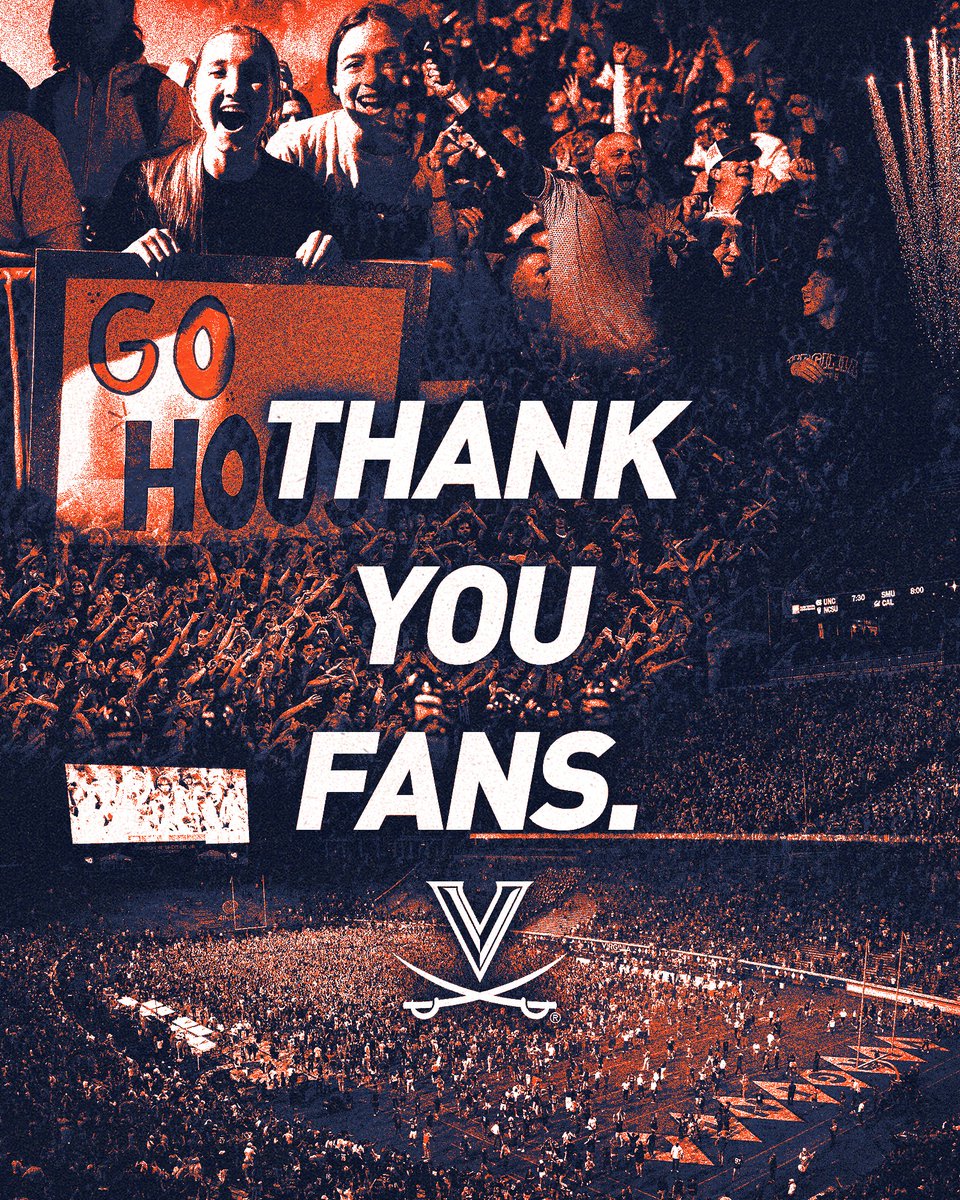 To the UVA faithful,

Thank you for being there with us every step of the way in this truly remarkable season. You make us proud to wear the V-Sabre and we could not have done this without you. See you back in Scott Stadium next season, WAHOOWA

#GoHoos 🔶⚔️🔷