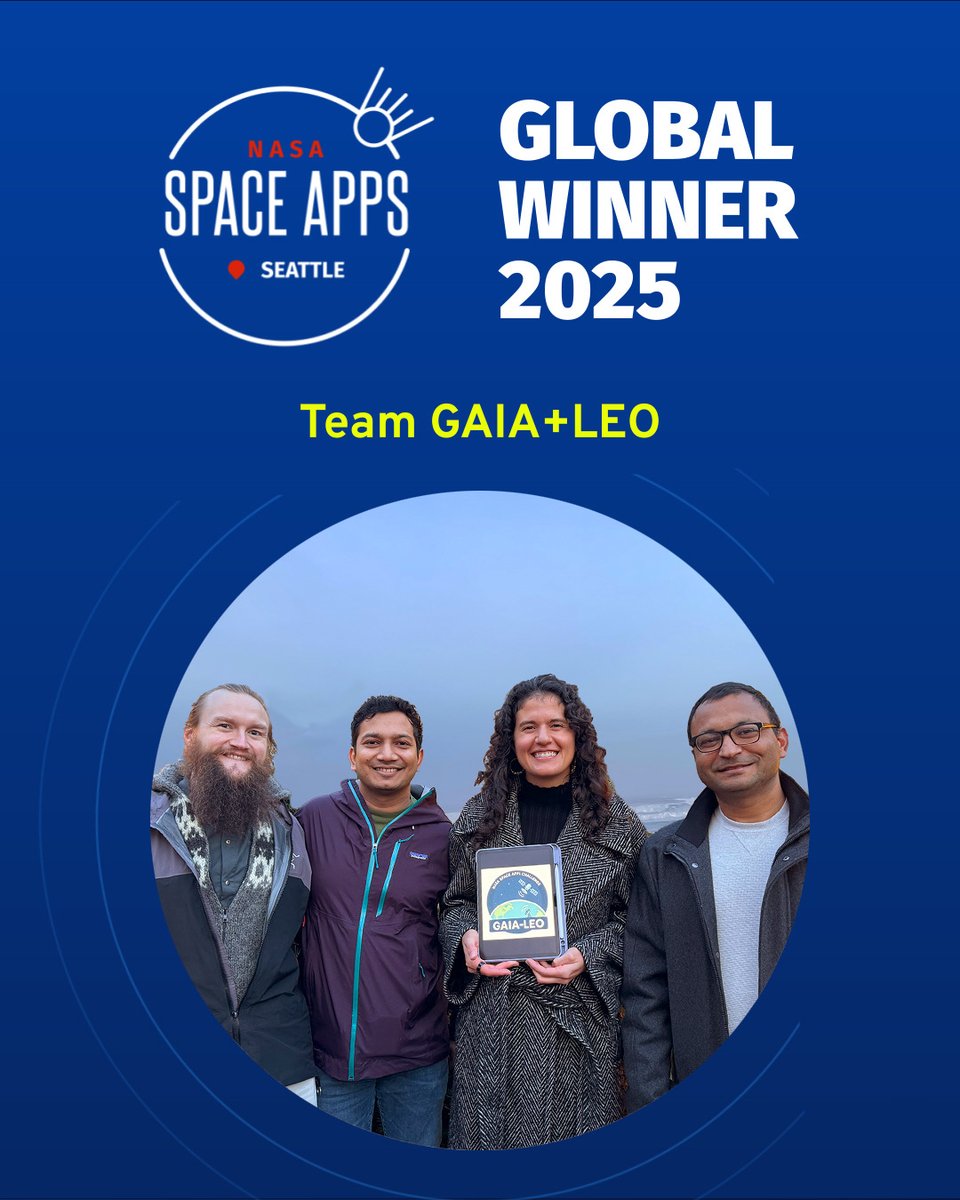 Huge news! GAIA+LEO from #SpaceAppsSeattle is a Global Winner of the 2025 NASA <a href="/SpaceApps/">NASA International Space Apps Challenge</a> Challenge! 🎉 Chosen from 11,500+ entries, GAIA+LEO will present their project at an upcoming <a href="/SpaceDataHacker/">Space Data Hackers</a> meetup. Sign up to be invited: meetup.com/space-data-hac…