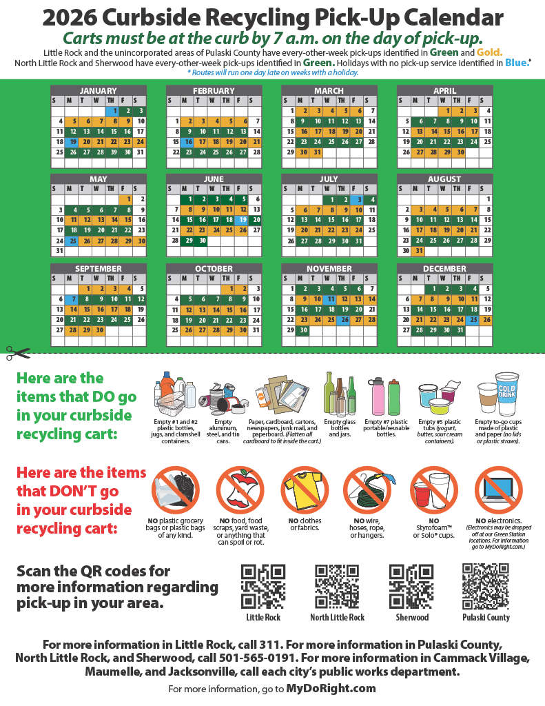 ♻️ Recycling Ready for 2026! ♻️
Heads up, Pulaski County! Residents should have received the 2026 curbside recycling cart calendar and recycling guide pictured above, packed with helpful info on pickup days and exactly what can go in the cart.