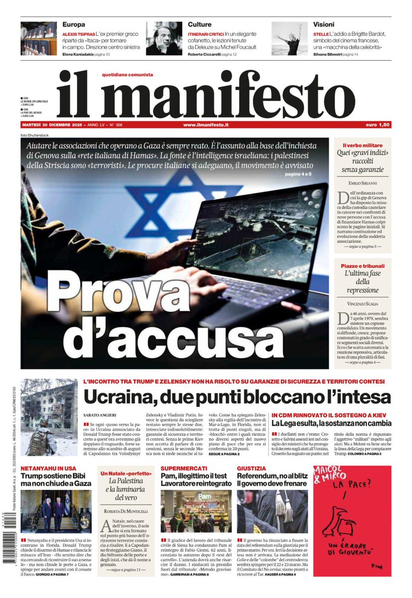 ilmanifesto's tweet image. Aiutare le associazioni che operano a Gaza è sempre reato. È l’assunto alla base dell’inchiesta di Genova sulla «rete italiana di Hamas». La fonte è l’intelligence israeliana: i palestinesi della Striscia sono «terroristi». Le procure italiane si adeguano, il movimento è avvisato